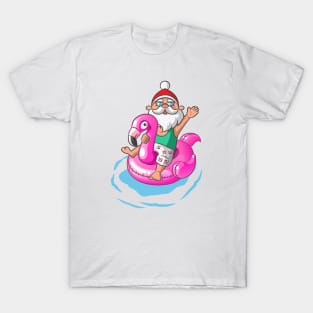 Christmas in July Santa Hawaiian Flamingo Summer Surf Gift T-Shirt